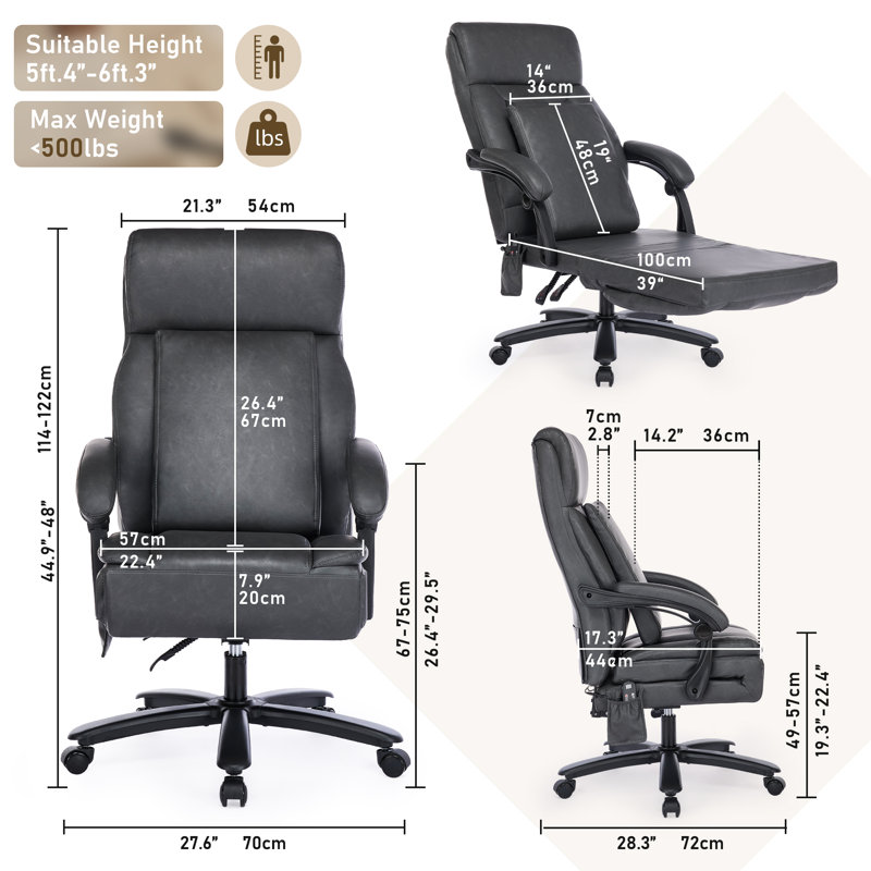 Fauteuil de direction inclinable à massage avec capacité de 500 lb, fauteuil de bureau ergonomique en similicuir à haut dossier avec dossier et repose-pieds réglables