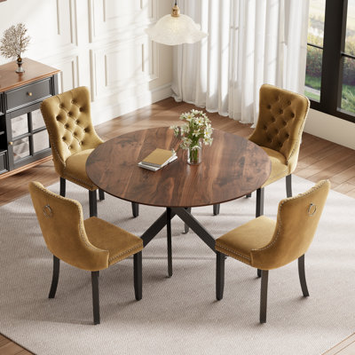 Round Wood Dining Set with Tufted Dining Chair