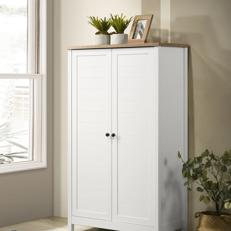 Armoire de rangement blanche 35 po avec finition chêne et panneau à lattes encadrées (armoire)