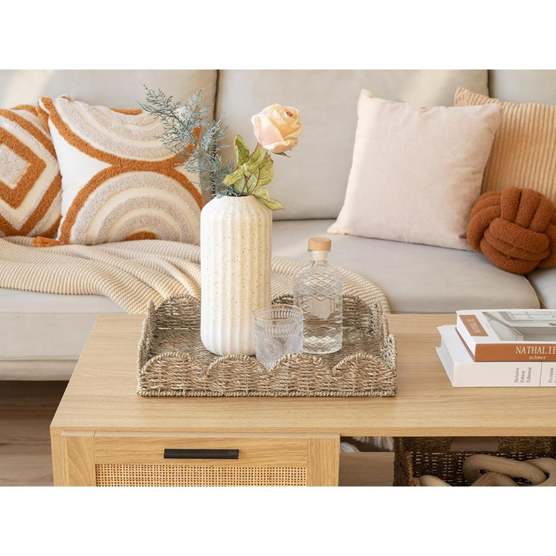 Rectangle Wicker Tray With Handles, Rattan Serving Tray And Seagrass Basket For Decorative And Organizing