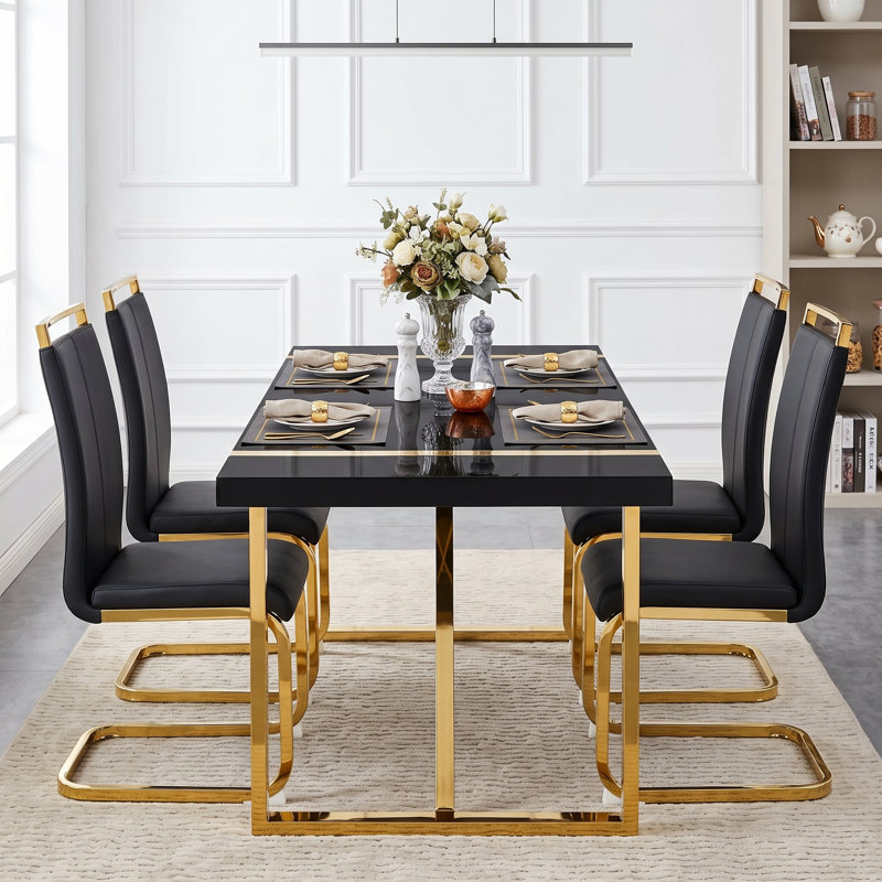 5-Piece Modern Rectangular High-Gloss Dining Set with Faux Leather Cantilever Chairs, Black, Black/Gold