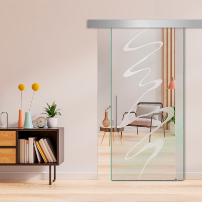Porte de grange coulissante en verre sans cadre avec design moderne givré + ensemble de quincaillerie (semi-privée)