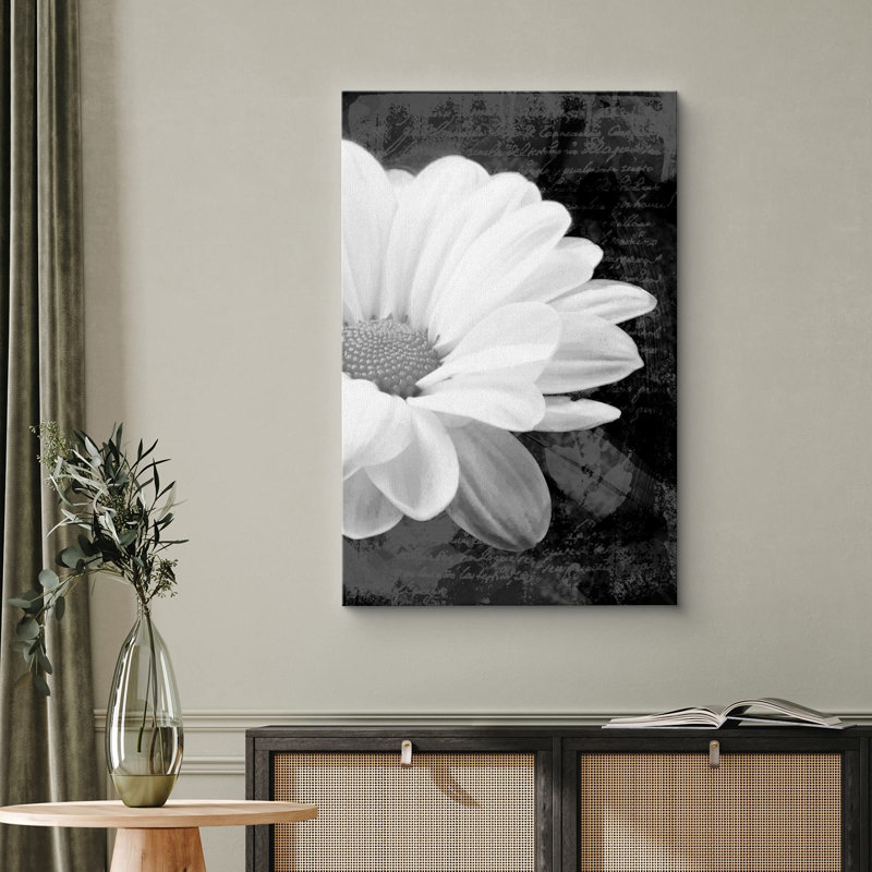 "Flower Blossom", marguerite noire et blanche et typographie cursive, photographie botanique moderne, art rustique sur toile