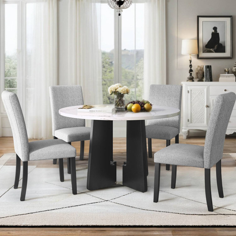Polett Round Dining Set, White Table with Gray Chairs