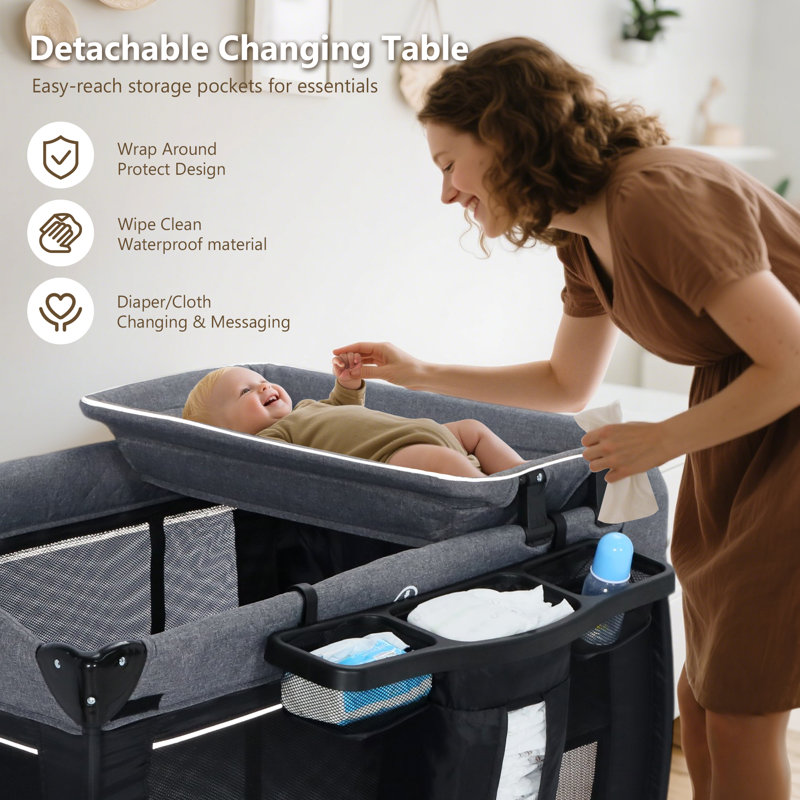 4-in-1 Convertible Baby Playard with Bassinet, Diaper Changer, Cradle&Bedside Sleeper, Black