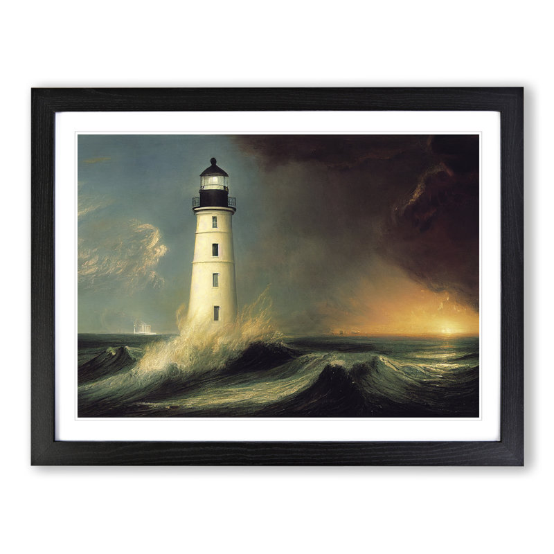 Dashing Lighthouse Seascape - Framed Print, Black, 46cm H x 64cm W x 2cm D