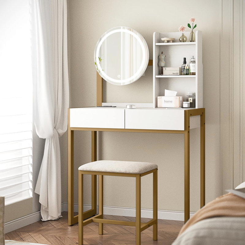 Coiffeuse de chambre avec 3 modes d'éclairage, prise électrique intégrée, tablettes de rangement et tabouret, table blanche et dorée avec prise électrique, tiroir confortable