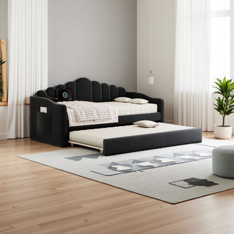Lit de jour simple rembourré avec couchette, canapé-lit en velours avec ports de chargement USB, aucun sommier nécessaire