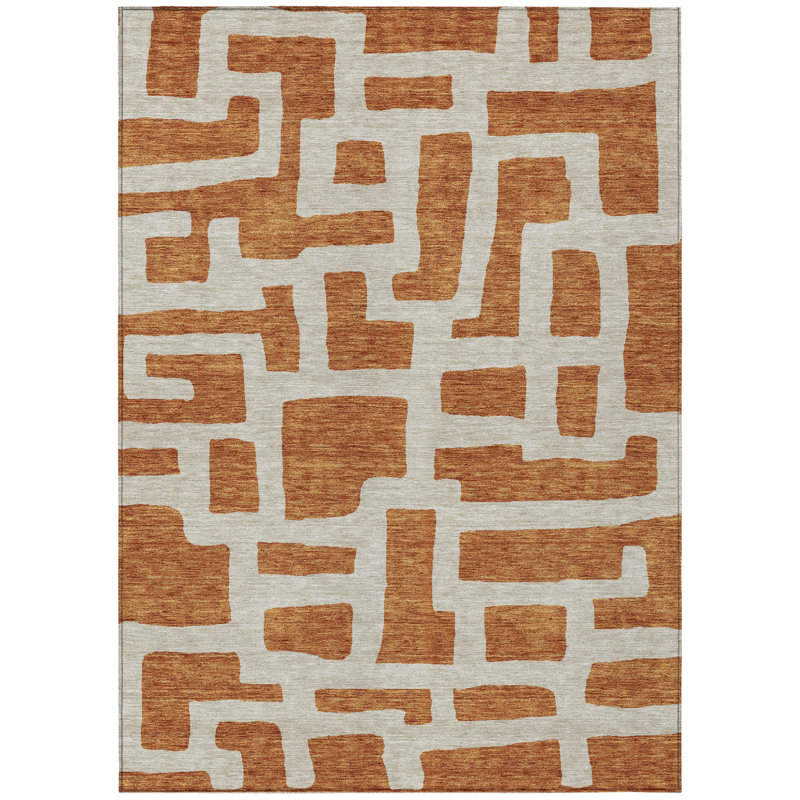Tapis extérieur lavable abstrait en terre cuite et gris 10 pi x 14 pi