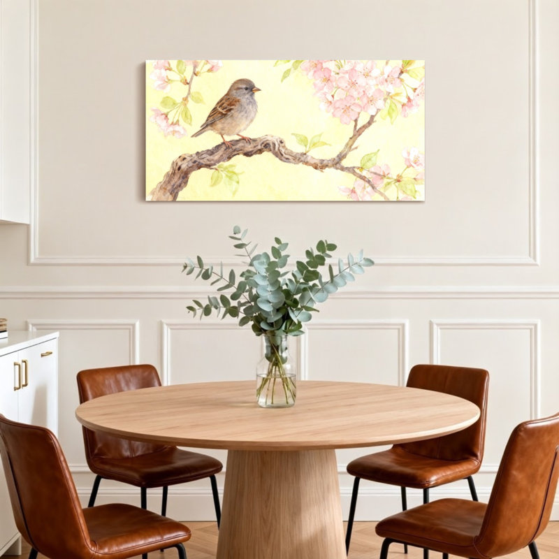 Animaux, oiseaux, perchés sur une branche de fleur, scène de printemps, H 28 po x l 58 po