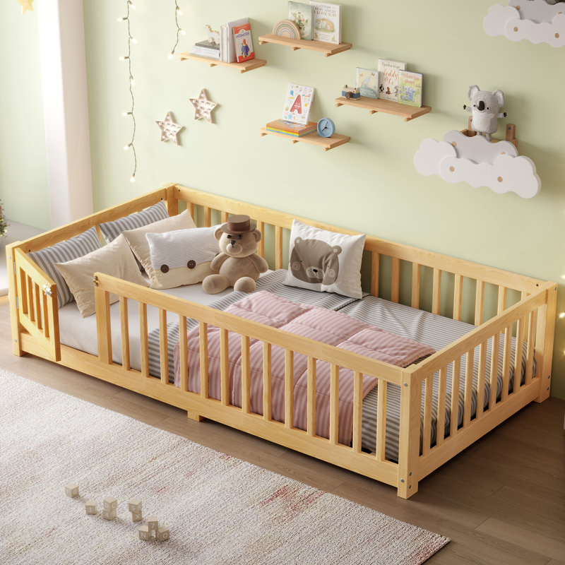 Iyania Kids Platform Floor Bed With Safety Guardrails And Door For Bedrooms, Twin, Natural