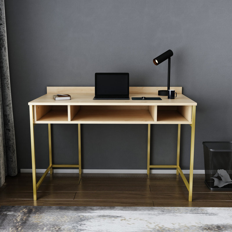 Alma Desk Metal Base Writing Desk, Oak/Gold