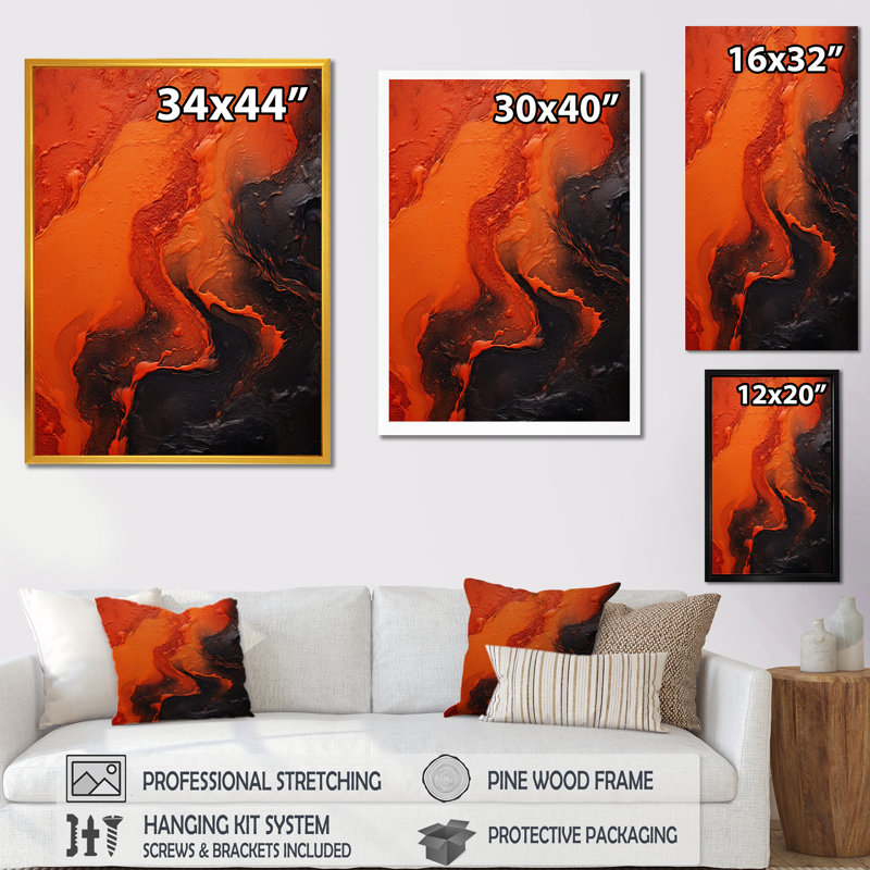 Volcanic Tachisme Fusion 1 - Tachisme, art mural, Cadre flottant doré, H 40 po x l 30 po x P 1,5 po