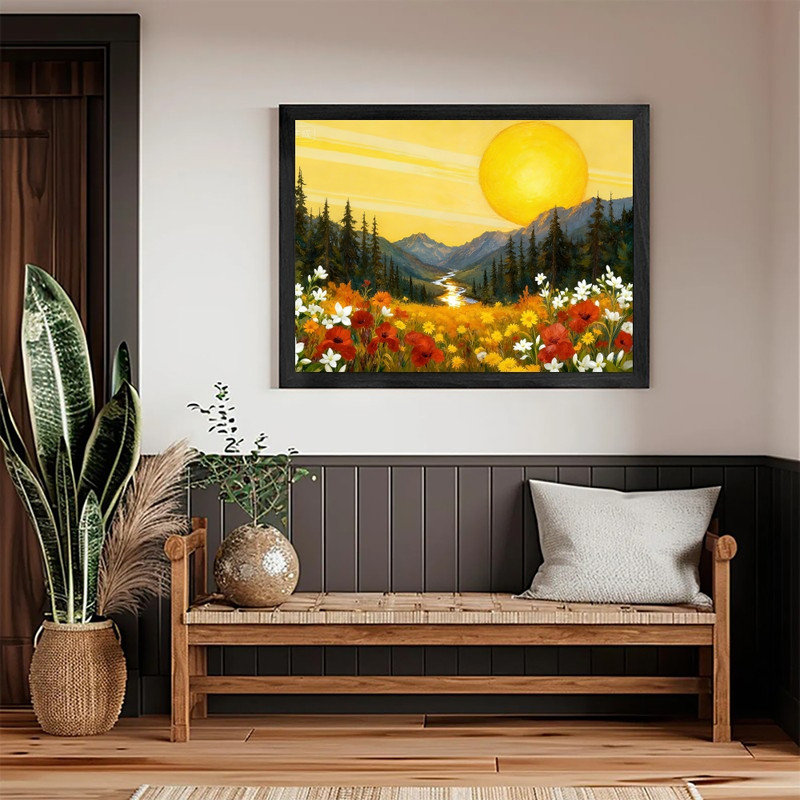 «Moonlit Pine Forest», encadré noir, pleine lune, peinture de champ de fleurs sauvages, art mural paysage nature Moody Mystical