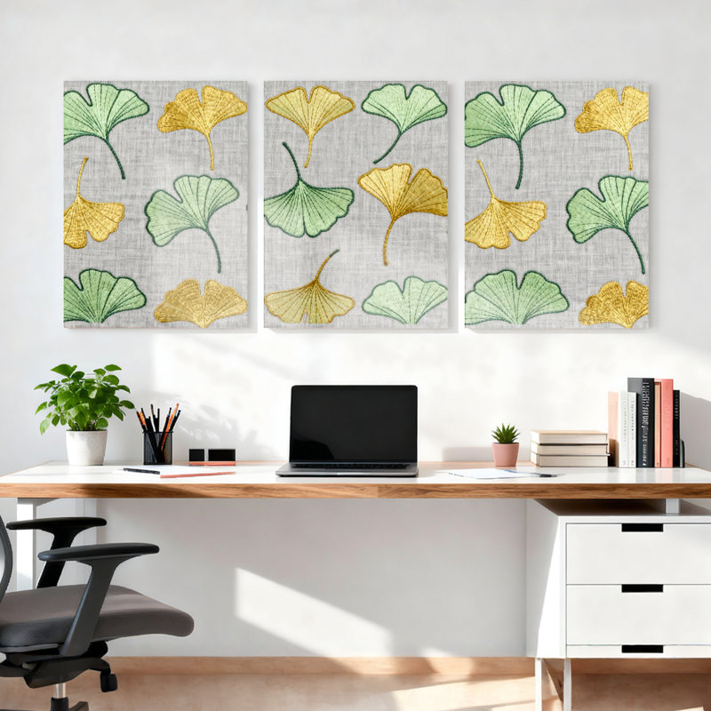 «Ginkgo Leaf», brodé sur toile, impression botanique moderne (ensemble de 3), H 36 po x l 72 po