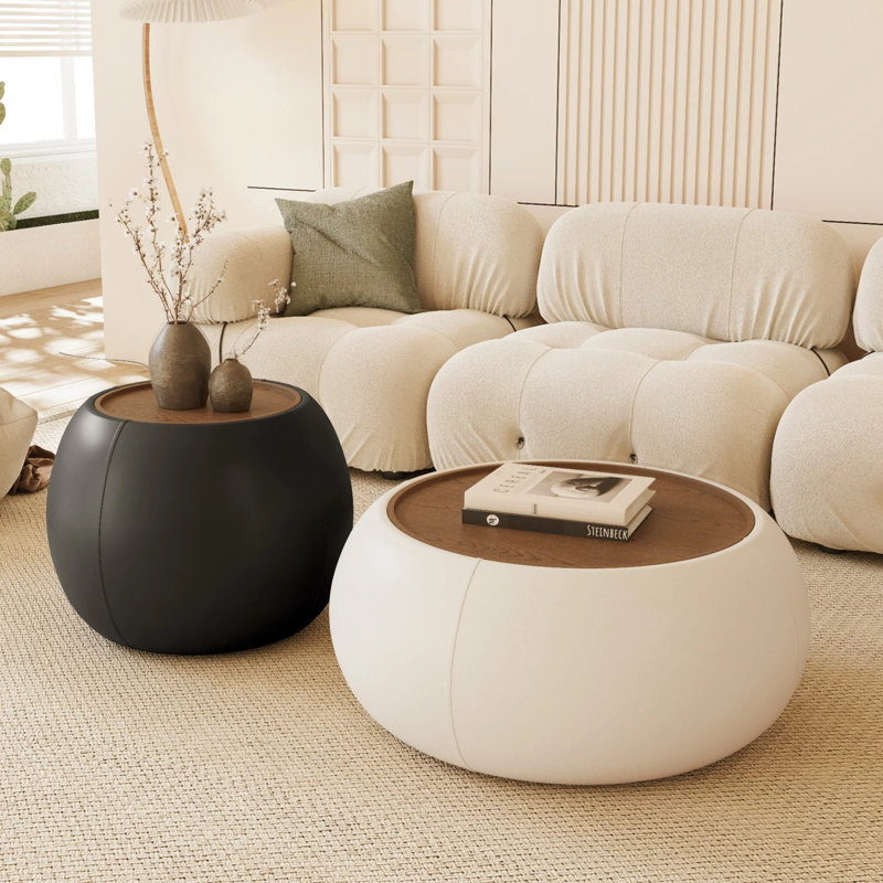Repose-pieds rond moderne avec rangement - Table basse multifonction, Blacks Blanc, H 19,60 po x l 33,40 po x P 33,40 po