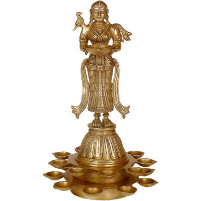 Lampe à huile arbre de vie en laiton fabriquée à la main | Sculpture 13-mèches traditionnelle indienne Diya | Décoration de fête dorée