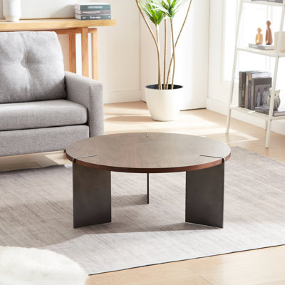 Dark Brown Round Coffee Table With Metal - Walnut Top And Stylish Frame Wood Surface Black Feet Strong Distressed Decorative For Modern Families
