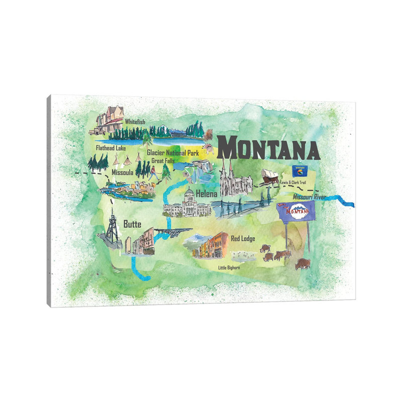 USA, Montana Illustrated Travel Poster 1 Piece Wrapped Canvas Wall Art, 101.6 cm H x 66.04 cm W x 1.91 cm D