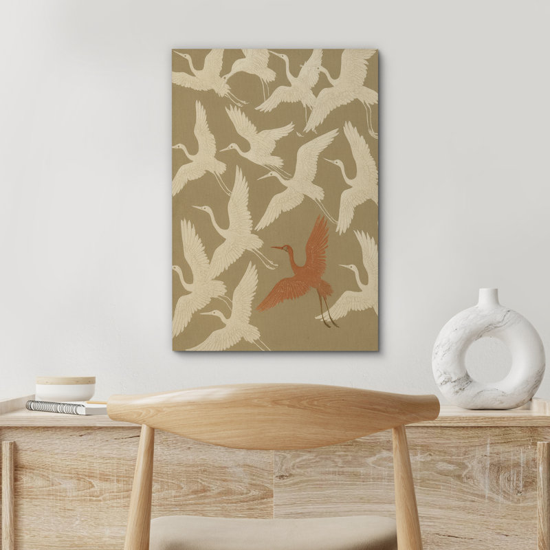 «Flying Cranes Group with Accent Bird Art», reproduction d'art sur toile encadrée, H 36 po x l 24 po x P 1,5 po, Toile tendue