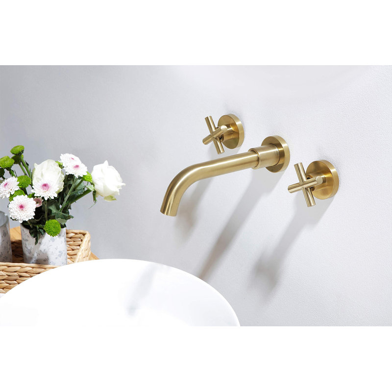 Robinet de salle de bain mural avec bonde, Or brossé, Avec ensemble de drain