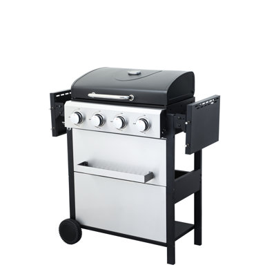 34200Btu 4 Propane Gas Grill, Foldable Side Table, #430 Ss Hooks, Stainless Steel Warming Rack For Garden & Outdoor Bbq, Construction, Enamel Flame