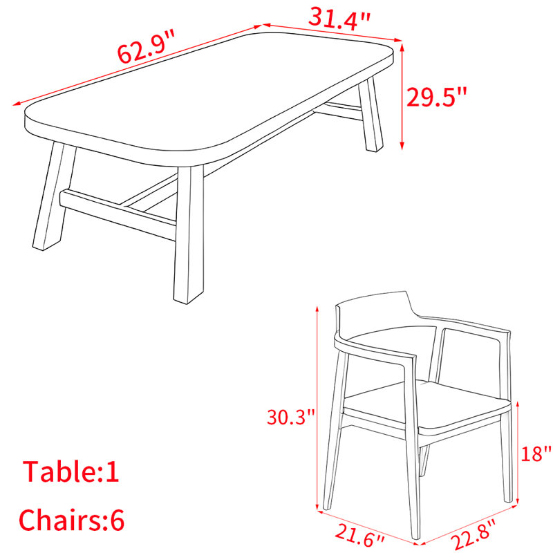 Ensemble de table de salle à manger en bois massif de style américain., H 29,5 po x L 62,9 po x l 31,4 po