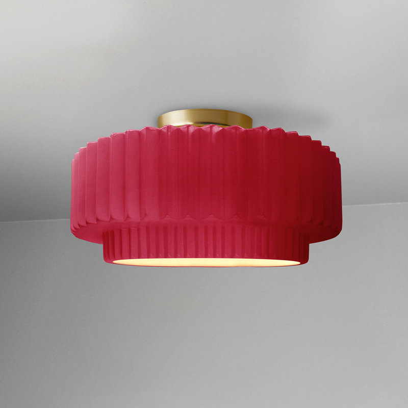Radiance Ceramic Pleated Semi-Flush Mount, Cerise, Brushed Brass, 7" H x 12" W x 12" D