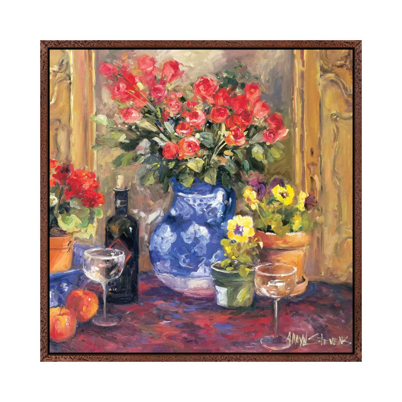 Red Flowers by Allayn Stevens - Painting on Canvas, 93.98 cm H x 93.98 cm W, Classic Brown Wood Framed Canvas