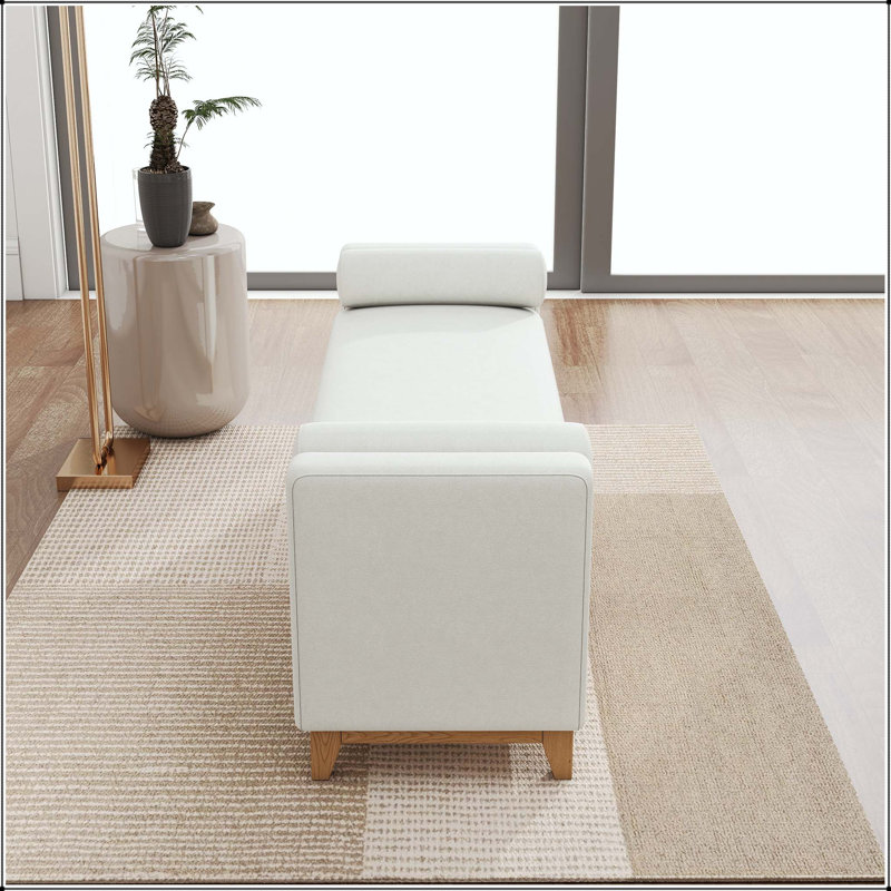 Banc de rangement en sherpa 66 "avec pieds en bois cannelé et 2 traversins - beige