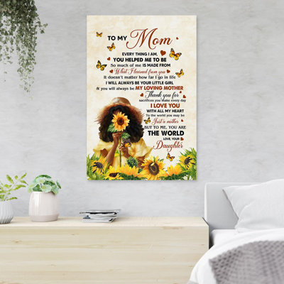 «Girl & Sunflowers - To My Mom You Are The World», reproduction d'art graphique sur toile tendue 1 pièce