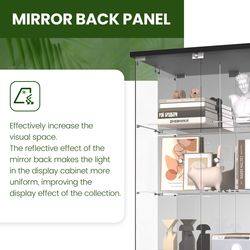 Razuri Tempered Glass Display Cabinet with Mirrored Back Panel, 5-Shelf Curio Cabinet with 2 Door, Black
