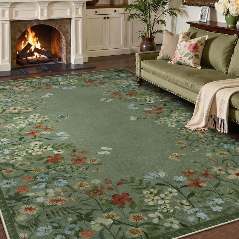 Vintage Floral Washable Area Rug with Non-Slip Backing, Low-Pile Green Rug for Living Room, Bedroom & Dining Room
