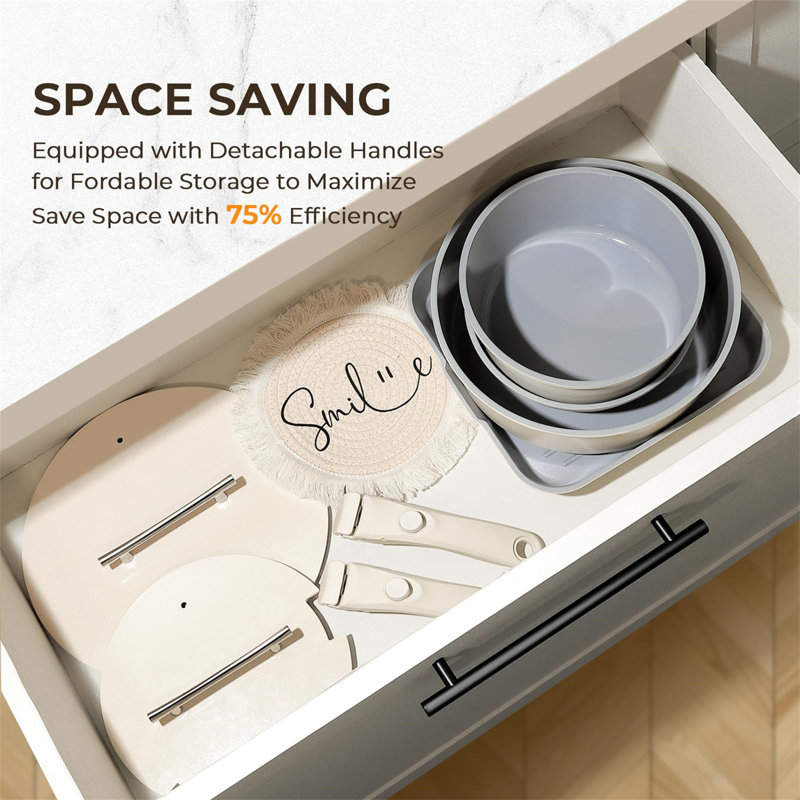 Cream Aluminum Non-Stick 12-Piece Cookware Set with Detachable Handle
