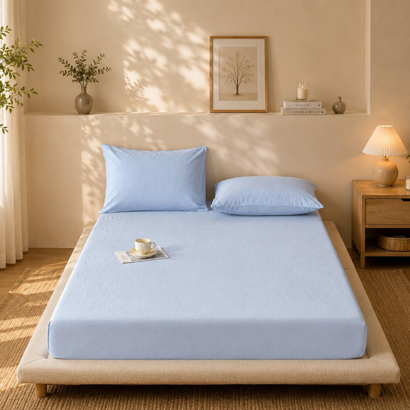 Moomee Fitted Sheet with Pillowcases 3-Piece Set 100% Washed Cotton Linen Like Textured, Cornflower Blue