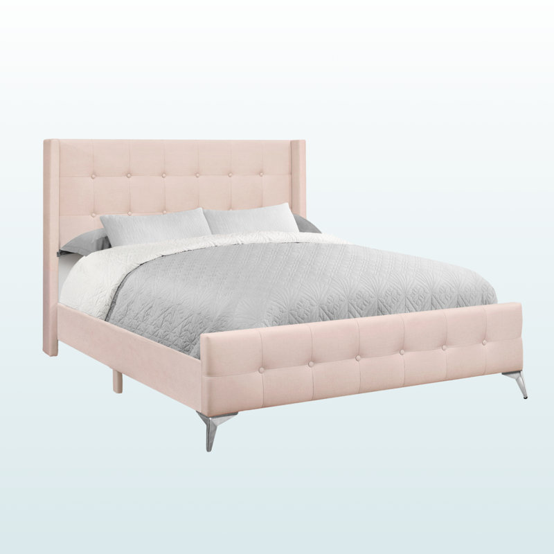 Grand lit tapissier Paris, velours rose, structure en métal avec pieds, H 49,36 po x l 65,89 po x L 87,77 po