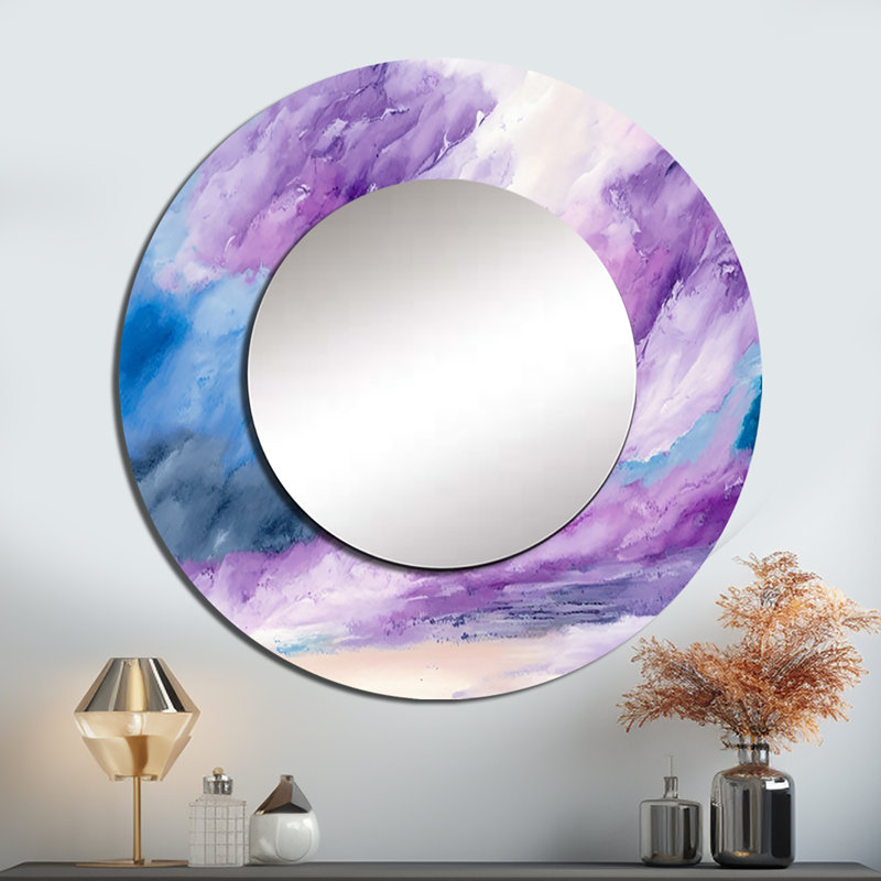 Violet tempête à l'horizon - miroir mural unique à encre liquide, miroir rond moderne, impression d'art en métal