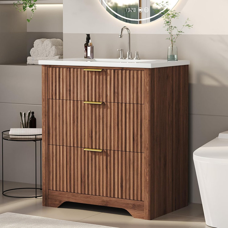 24" Fluted Bathroom Vanity with Sink, Farmhouse Freestanding Vanity Cabinet with 2 Drawers & Flip Drawer, Easy Clean, Walnut