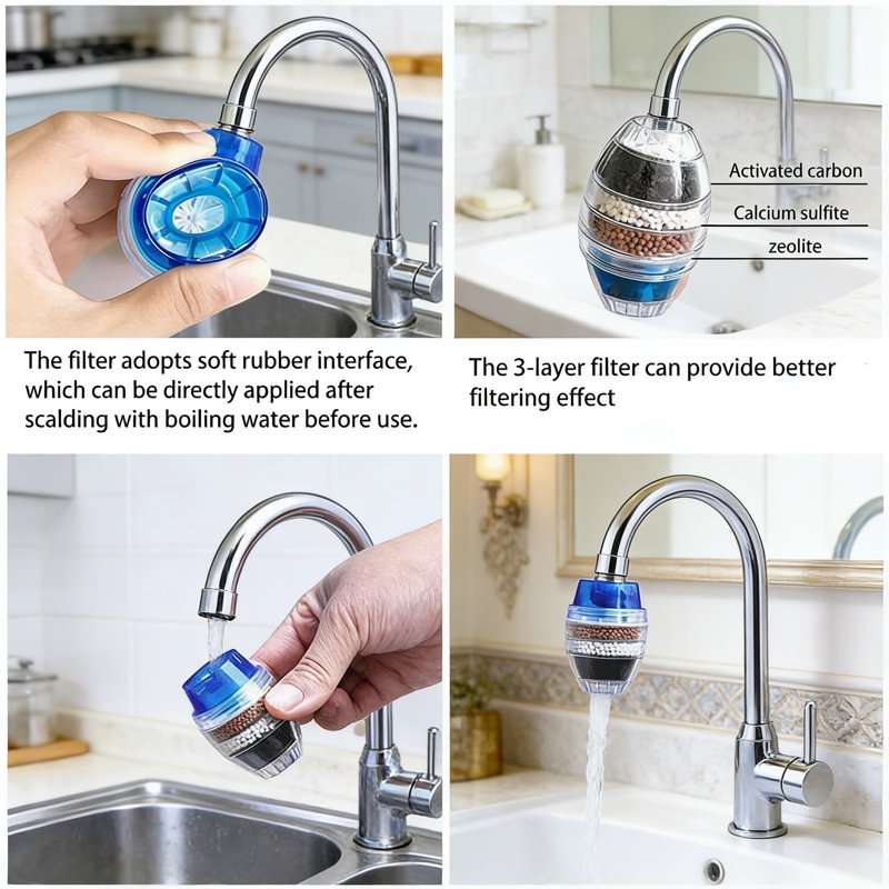 Ensemble de 3 filtres à eau pour robinet, purificateur de filtre à charbon actif pour cuisine et salle de bain, élimine le chlore, le fluore, les métaux lourds et les impuretés de l'eau dure
