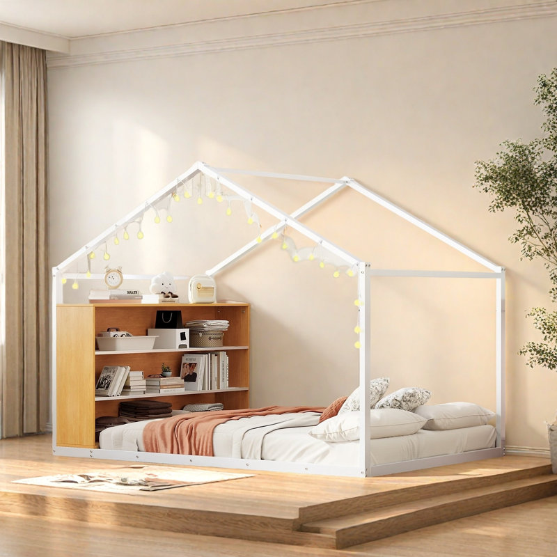 Floor Lighted House Bed With Shelves, White, Full/Double