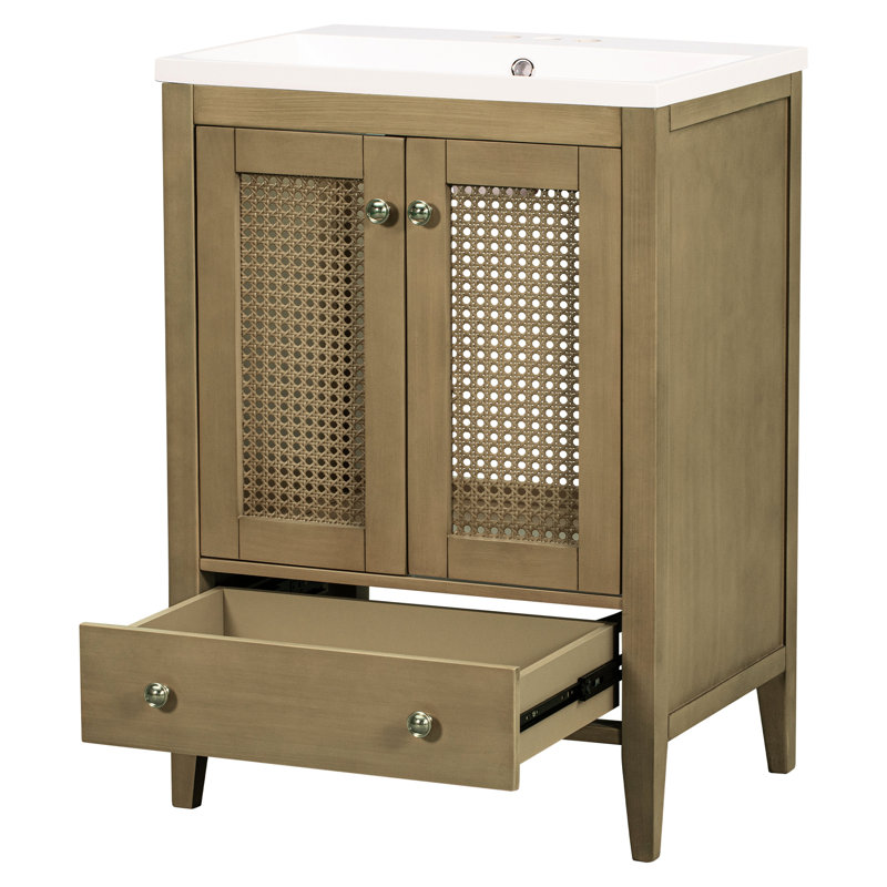 Meuble-lavabo de 24 po avec lavabo encastré en céramique, armoire de rangement, teinte naturelle, structure robuste, lavabo avec instructions de montage simples, conception inspirante, construction, nombreuses options, facile