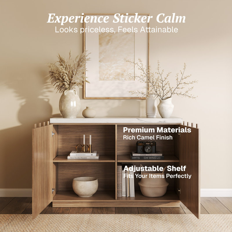 47" Modern Buffet Sideboard with Faux Marble Top, Camel