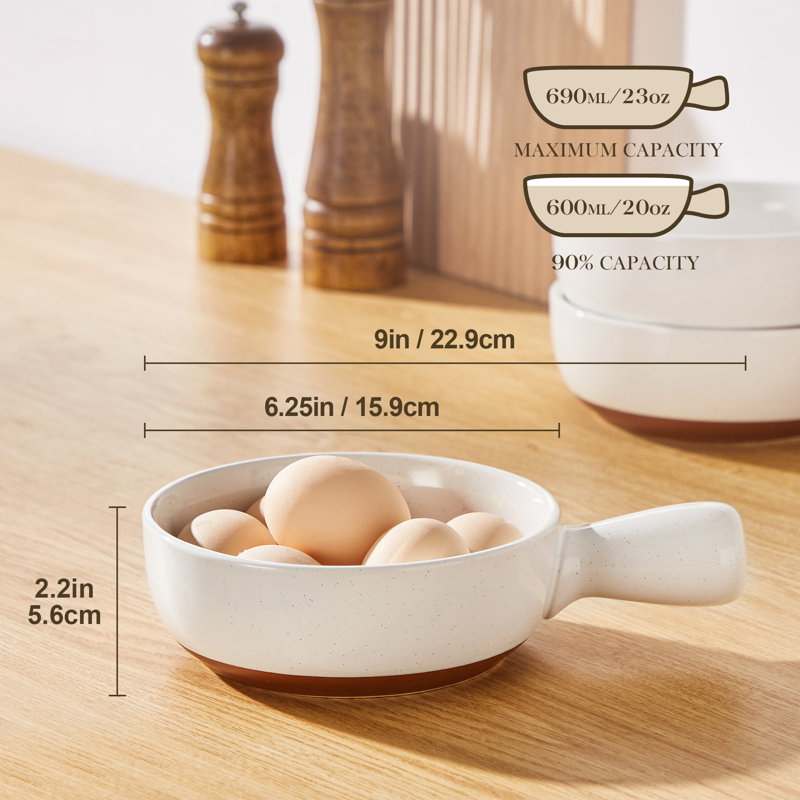 1-Piece Sesame Glaze Two-Tone Ceramic Soup Bowl with Handle, 23 oz Khaki & Cream Rimmed Pasta Bowl for Everyday Use
