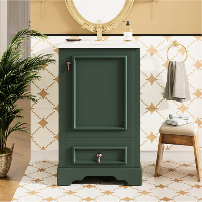Meuble-lavabo de 20 pouces avec structure en bois massif, lavabo en céramique et tiroir à fermeture en douceur pour un look élégant