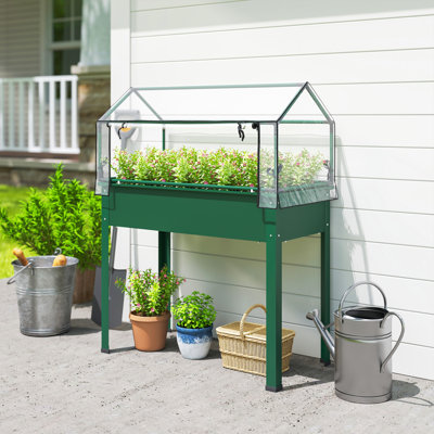Raised Garden Bed with Greenhouse Cover, Elevated Planter Box with Legs and Drainage Hole for Vegetables Flowers Herbs, 39.4" x 18.9" x 48.8", Green