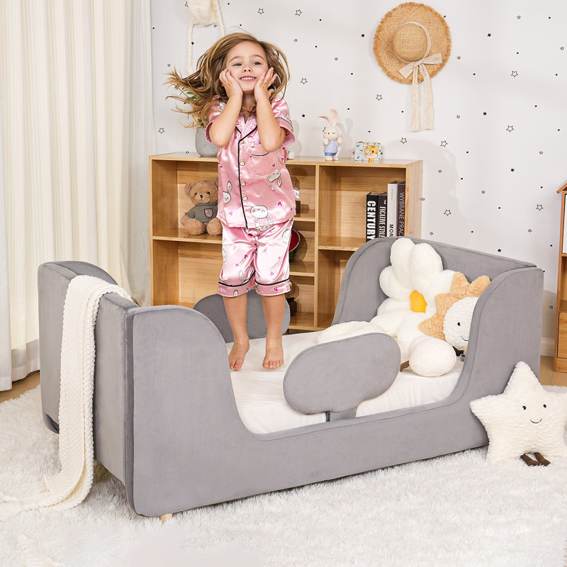 Upholstered Kid Bed With Removeable Side Safety Rail, Skin-Friendly Velvet High-Resilience Foam For Kids, Gray