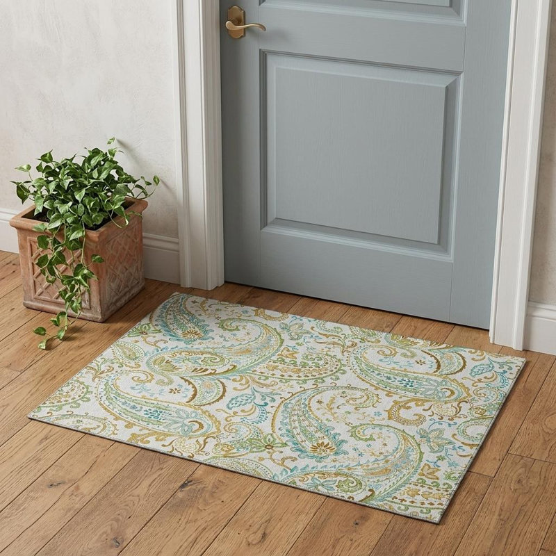 3' X 5' Ivory Blue And Green Paisley Washable Area Rug With UV Protection