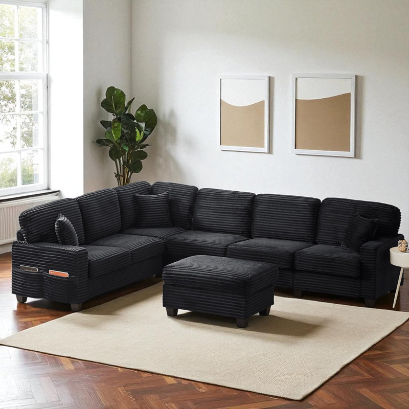 Upholstered L-Shaped Sectional With A Movable Ottoman, Black Corduroy