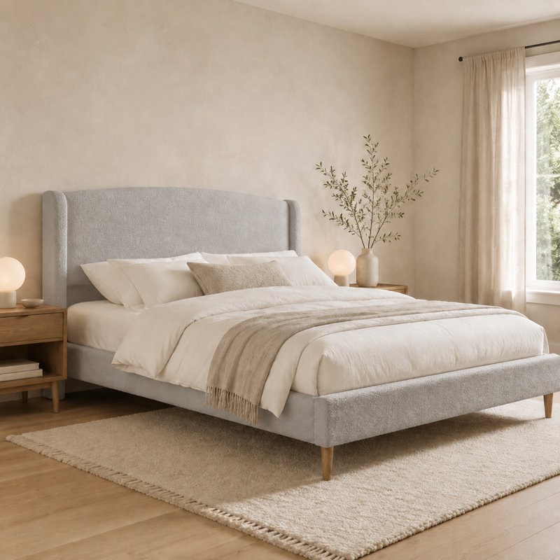  King Size French Retro Wingback Bed Frame, Teddy Fabric Upholstered, Sturdy Slat Support, No Box Spring Needed, Easy Assembly, Light Gray