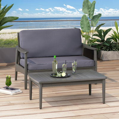 Table contemporaine en bois et table basse, siège à lattes, coussins à eau, gris foncé, extérieur moderne de 46,93 de large: lattes pour patio